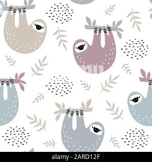 seamless pattern with sloths hanging on bamboo Stock Vector