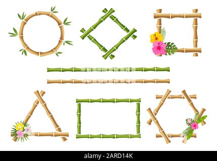 Wood stick banners of various shapes. Japanese rustic bamboo sign frame isolated Stock Vector