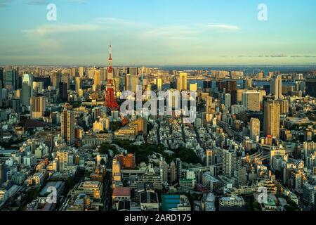 Beautiful aerial view of Tokyo at sunset seen from Mori Tower Observation deck, Japan Stock Photo