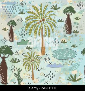 Seamless Pattern with Palms, baobabs, ponds. Scandinavian Style. Vector Illustration Stock Vector