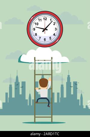 time symbol icon on cloud with wooden ladder and man. Stock Vector