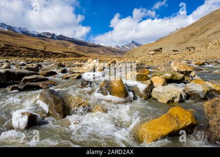 Glacial river running through the mountains of Dolpo, Nepal