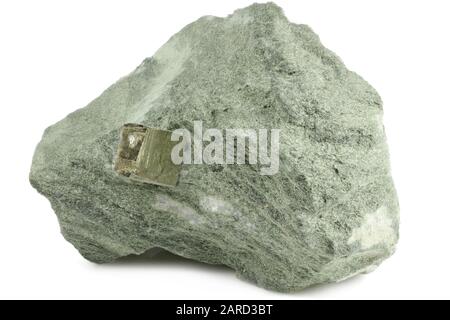 pyrite cubic crystal on bedrock from Rechnitz, Austria isolated on white background Stock Photo