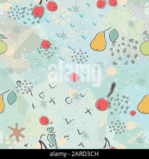 Seamless Pattern with Cute Cherries, pears on cute background. Scandinavian Style. Stock Vector