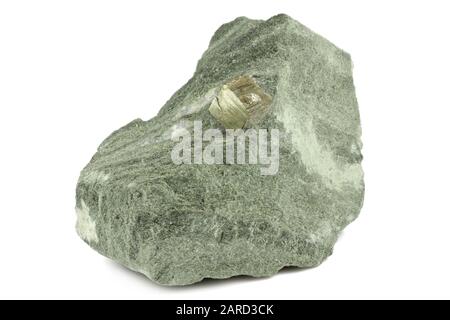 pyrite cubic crystal on bedrock from Rechnitz, Austria isolated on white background Stock Photo