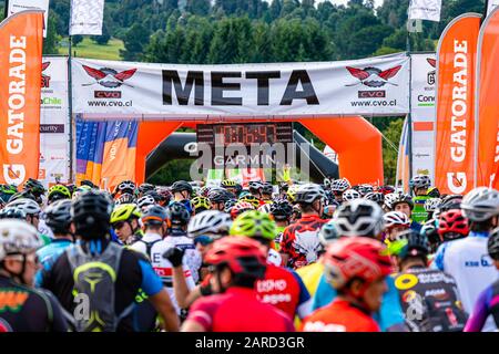 Las Cascadas, Region de Los Lagos / Chile - January 25 2020: Conquest of the Osorno Volcano, cycling test immersed in the Vicente Pérez Rosales Park Stock Photo