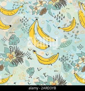 Dotted Background. Seamless Pattern with Bananas. Scandinavian Style. Fruits. Stock Vector