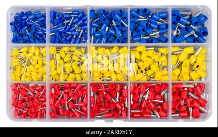 Ferrule wire copper crimp connectors kit. Insulated cord pin end terminals. Electromechanic linking equipment. Various sizes and colors sorted in box. Stock Photo