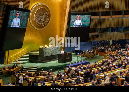 New York, USA. 27th Jan, 2020. Holocaust survivor Irene Shashar addresses a United Nations ceremony marking the International Day of Commemoration in Memory of the Victims of the Holocaust, on the 75th anniversary of the liberation of Auschwitz, Credit: Enrique Shore/Alamy Live News Stock Photo