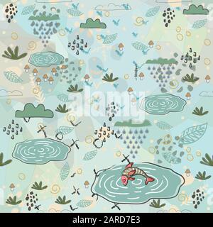 Cute Seamless Pattern With clouds, mushrooms, leaves and ponds with fish. Scandinavian Style. Quality Work. Stock Vector