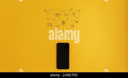 Hand drawn icons of communication and information coming out of a cell phone in conceptual image. Over yellow background. Stock Photo