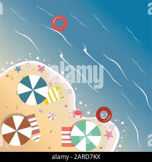 Summer Beach with umbrella, rubber ring, starfish, seashell, flip flops. Vector Illustration Stock Vector