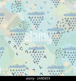 Seamless Pattern with Hand Drawn Clouds, leaves and doodles. Scandinavian Style. Vector Illustration Stock Vector