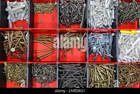 Top view on red tool box with square compartments with screws and dowels Stock Photo