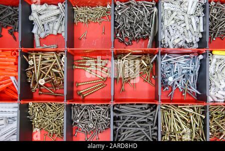 Top view on red tool box with square compartments with screws and dowels Stock Photo