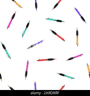 Colorful Pen Seamless Pattern on White Background. Randomly Scattered School Accessories Stock Vector
