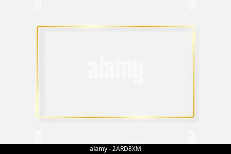 Gold frame on white background. Shiny golden border with light effects. Luxury rectangle with realistic shadow. Wedding or fashion object Stock Vector