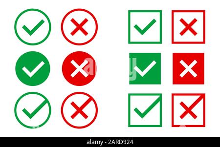 Approved and rejected icons on white backdrop. Green and red marks. Right and wrong symbols. Checkmark with circle or square for web design or app Stock Vector
