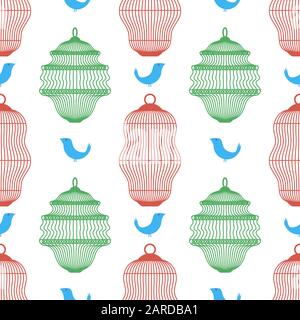 Set of Bird Cages Seamless Pattern Isolated on White Background Stock Vector