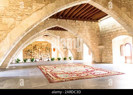 PALMA DE MALLORCA, BALEARIC ISLANDS, SPAIN - MAY 25, 2016: Wealth, elegance, mystery, unique unseen views of famous Almudaina Royal Palace interior qu Stock Photo