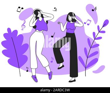 Dancing girls with earphones vector illustration. Rhythmic movements, good mood, relaxation, positive emotions. Smiling women listening to music flat contour characters isolated on white background Stock Vector