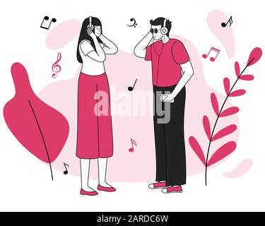 Music listeners meeting vector illustration. Good mood, pleasure, positive emotions. Smiling young couple, male and female teens with headphones flat contour characters isolated on white background Stock Vector