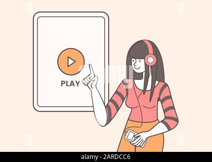Media player app vector illustration. Radio, mobile application, smartphone with play button on screen. Smiling music lover, woman with radioreceiver and headphones isolated flat contour character Stock Vector