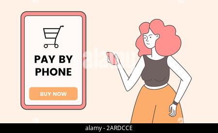 Online shopping app vector landing page template. Internet store mobile application, shopping basket and buy button on screen. Female online customer with smartphone web banner layout Stock Vector