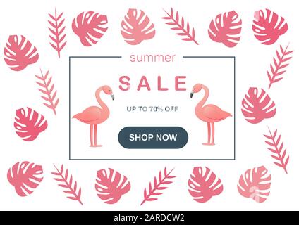 Vector illustration of summer sale. Frame with inscriptions and flamingos on a background of pink trendy color leaves. Stock Vector