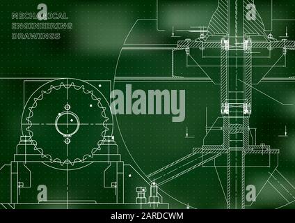 Blueprints. Mechanical construction. Engineering illustrations. Technical Design. Banner. Green. Points Stock Vector