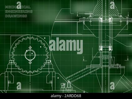 Blueprints. Mechanical construction. Engineering illustrations. Technical Design. Banner. Green. Grid Stock Vector