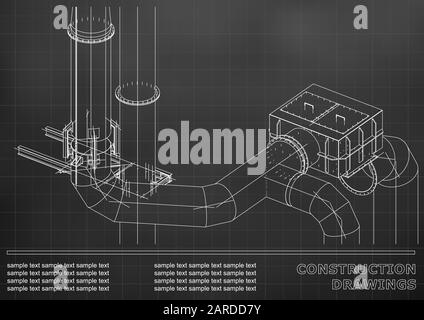 Construction drawings. 3D metal construction. Pipes, piping. Cover, background for text. Black. Grid Stock Vector