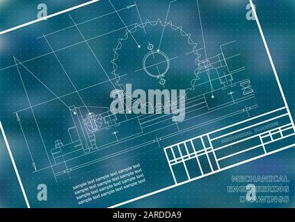 Mechanical drawings on a blue and white background. Engineering ...
