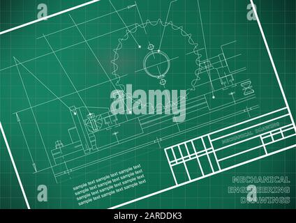 Mechanical drawings on a  white background. Engineering illustration. Frame. Light green. Grid Stock Vector