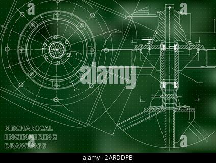 Mechanical engineering drawings. Vector green background. Grid points ...