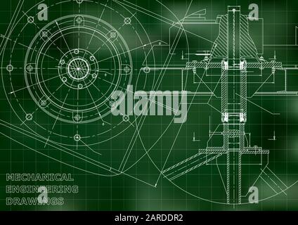 Mechanical engineering drawings. Vector green background. Grid points ...