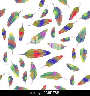 Set of Different Colorful Feathers Seamless Pattern Isolated on White Background Stock Vector
