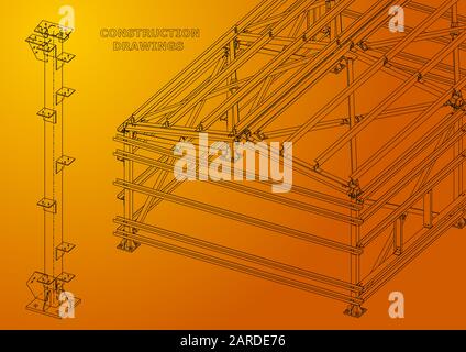 Building. Metal constructions. Volumetric constructions. 3D design. Abstract Cover, banner. Orange Stock Vector