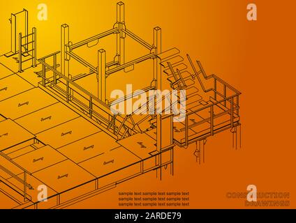 Building. Metal constructions. Volumetric constructions. 3D design. Abstract backgrounds. Cover. Orange Stock Vector
