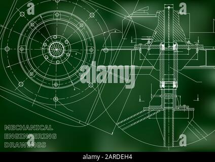 Mechanical engineering drawings. Vector green background. Grid points ...
