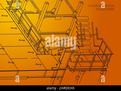 Building. Metal constructions. Volumetric constructions. 3D design. Abstract background. Orange Stock Vector