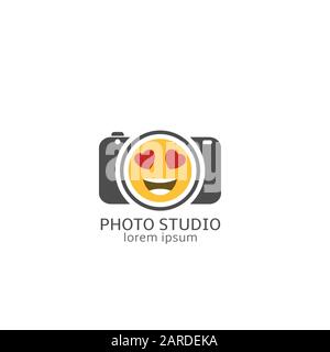 Photo camera with smile icon. Photography icon set, photo studio symbols Stock Vector