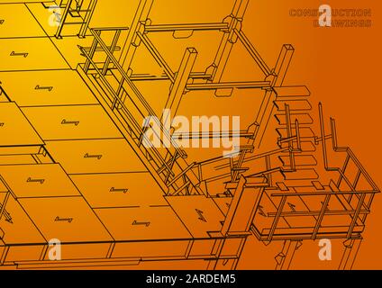 Building. Metal constructions. Volumetric constructions. 3D. Orange Stock Vector
