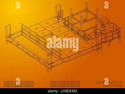 Building. Metal constructions. Volumetric constructions. 3D design. Abstract backgrounds. Cover, background. Orange Stock Vector