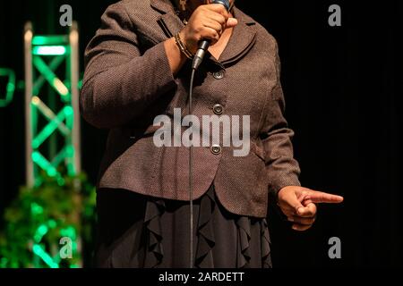 Midsection of woman standing and holding microphone while pointing her finger and giving speech on stage in auditorium hall Stock Photo