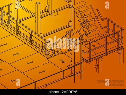 Building. Metal constructions. Volumetric constructions. 3D design. Abstract backgrounds. Orange Stock Vector