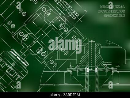 Engineering backgrounds. Technical Design. Mechanical engineering drawings. Blueprints. Green Stock Vector