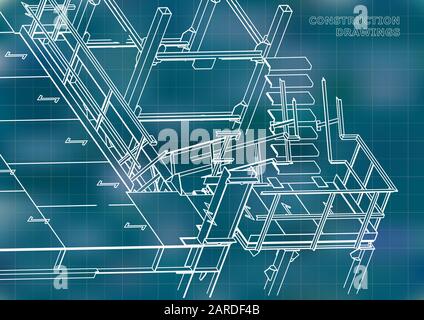 Building. Metal constructions. Volumetric constructions. 3D design. Abstract background. Blue. Grid Stock Vector