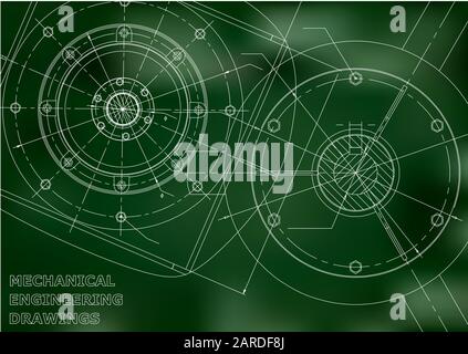 Mechanical engineering drawings. Vector green background. Grid points ...