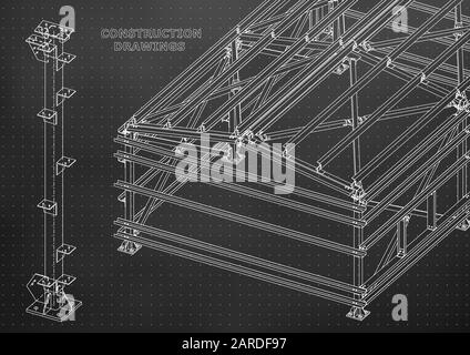Building. Metal constructions. Volumetric constructions. 3D design. Abstract Cover, banner. Black. Points Stock Vector